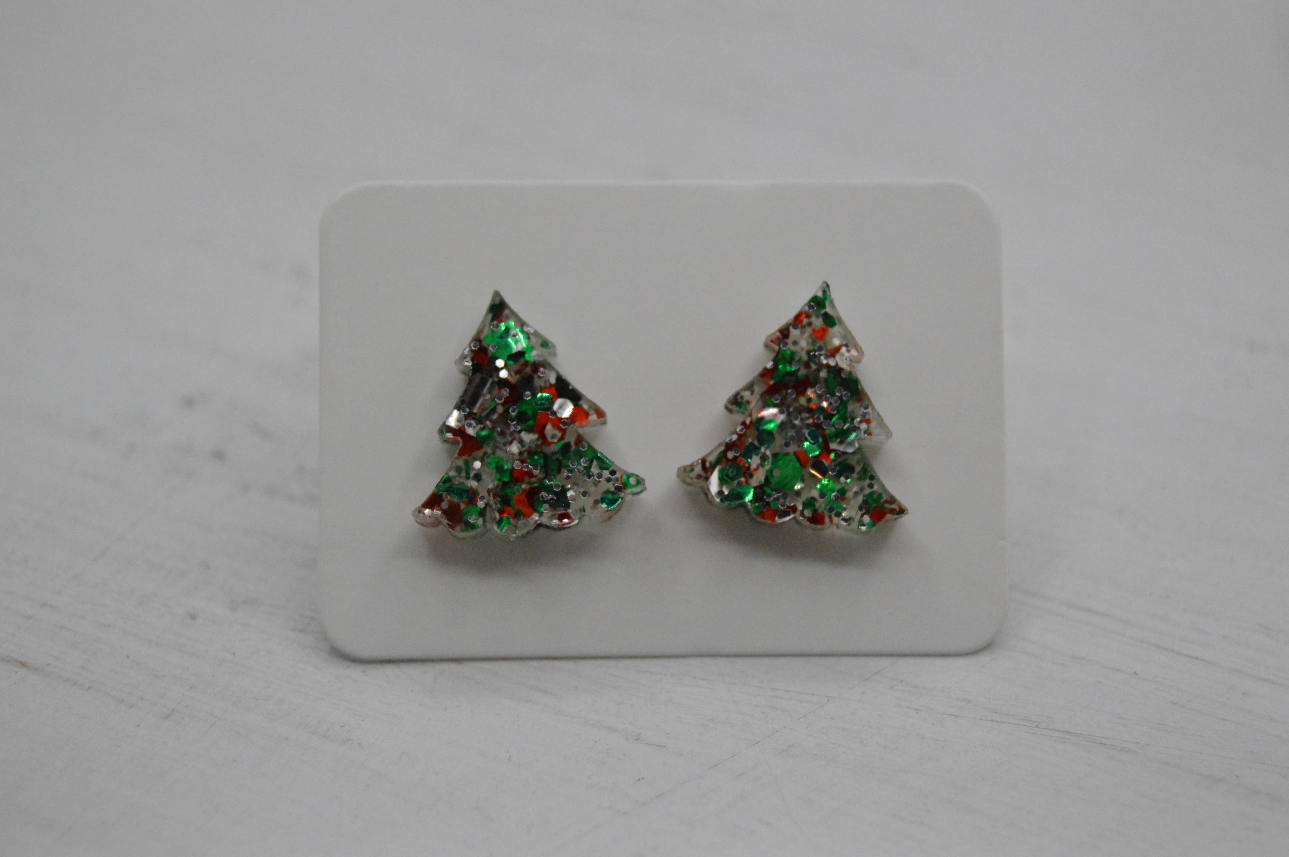 The Adorned Fox - Wholesale Dangle Earrings - Christmas Tree Acrylic Stud Earrings, Sparkly, Glitter, Bow 3