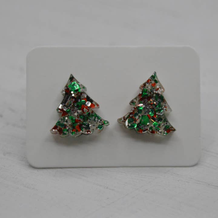 The Adorned Fox - Wholesale Dangle Earrings - Christmas Tree Acrylic Stud Earrings, Sparkly, Glitter, Bow 3