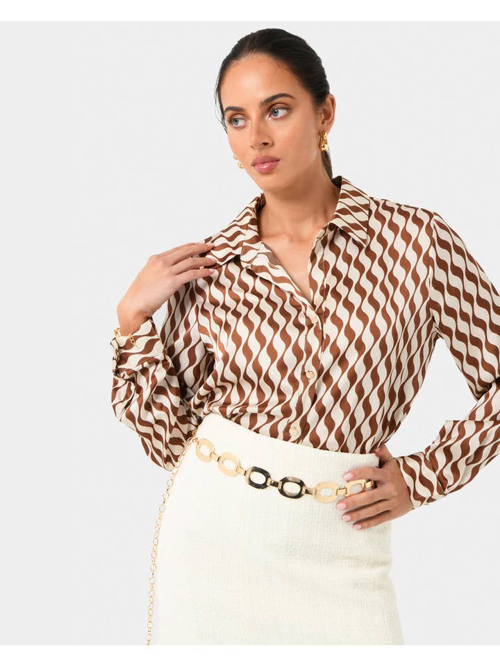 Brown Illusion Forcast Women's Inka Print Relaxed Shirt for wholesale on Faire