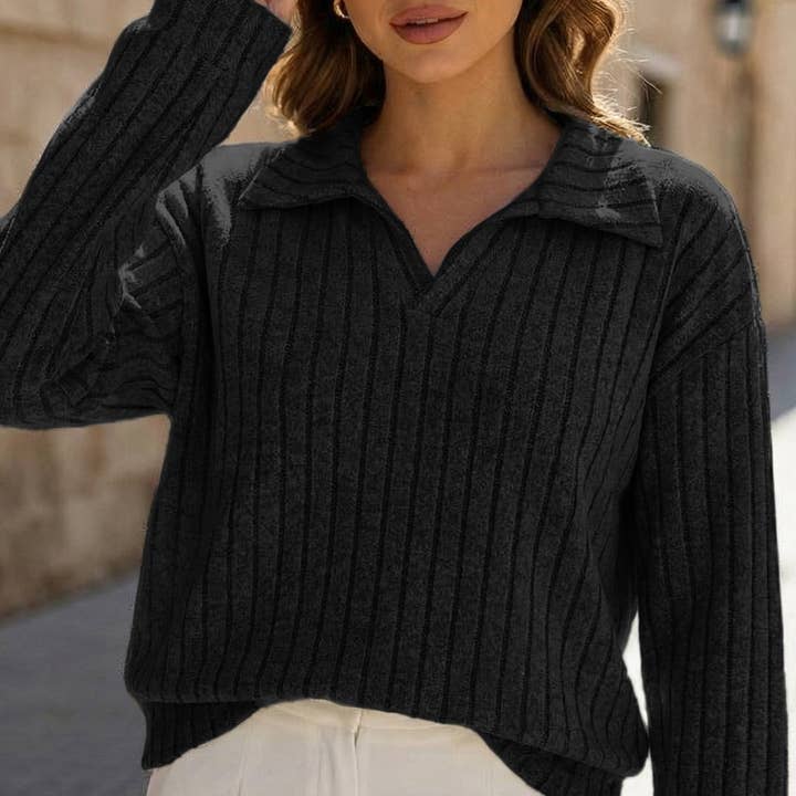 Plus Size Ribbed V-Neck Long Sleeve T-Shirt_CWTTL01112 for wholesale by Lovenne