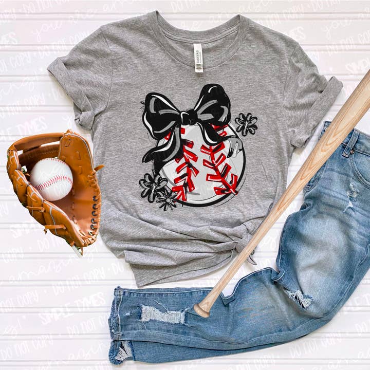 Play Ball Bow with Flowers Baseball DTF Print for wholesale by Simple Tymes