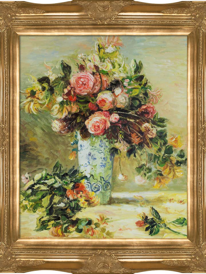 Rose e gelsomino in un vaso di Delft per la vendita all'ingrosso da parte di La Pastiche