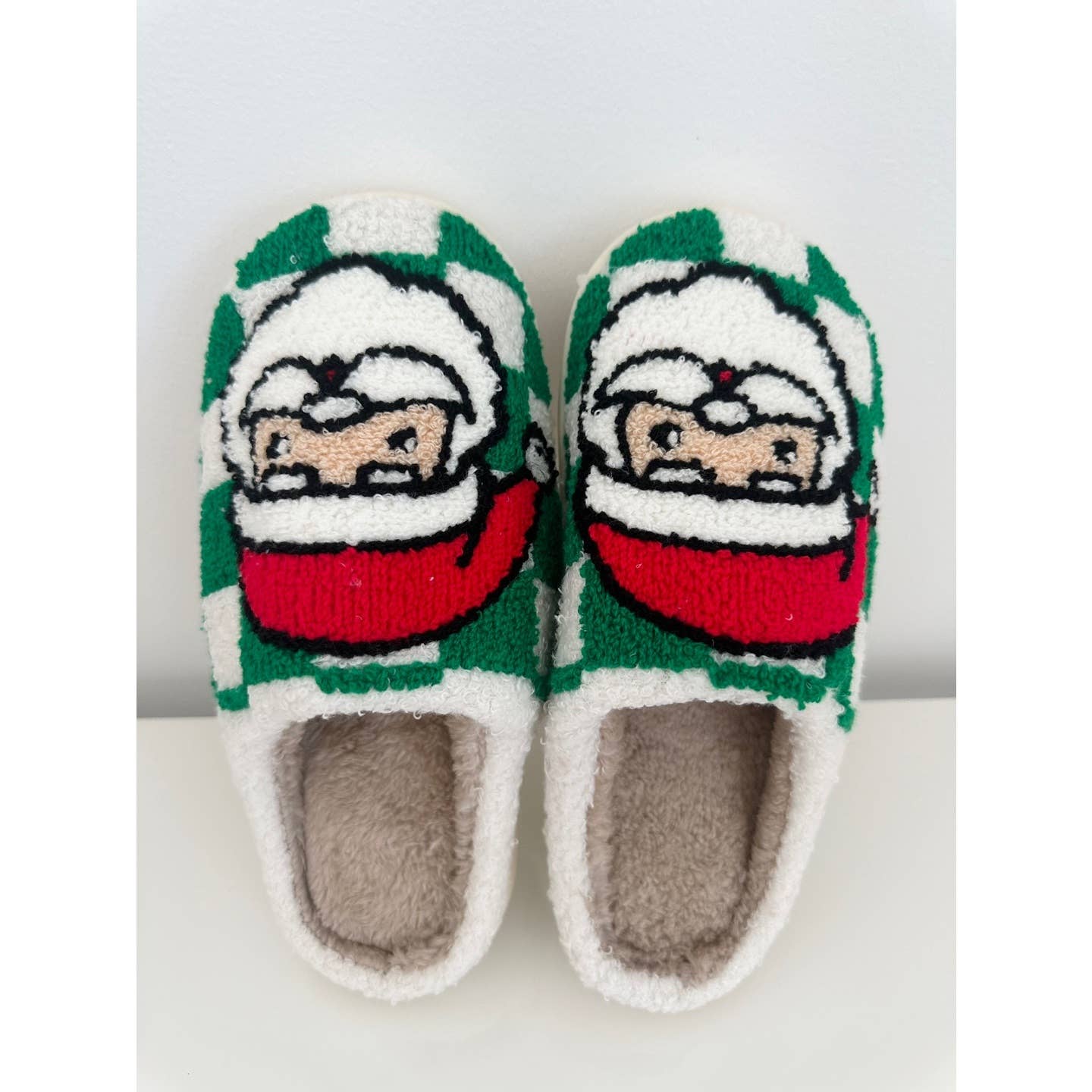 Festive Santa Green Checkered Cozy Slippers  for wholesale on Faire3