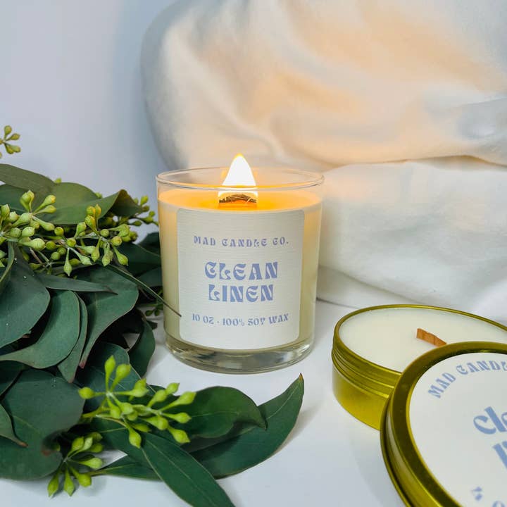 Mad Candle Co. - Wholesale Jar/filled candle - Clean Linen Soy Candle - 10 oz Glass Jar & Wood Wick1