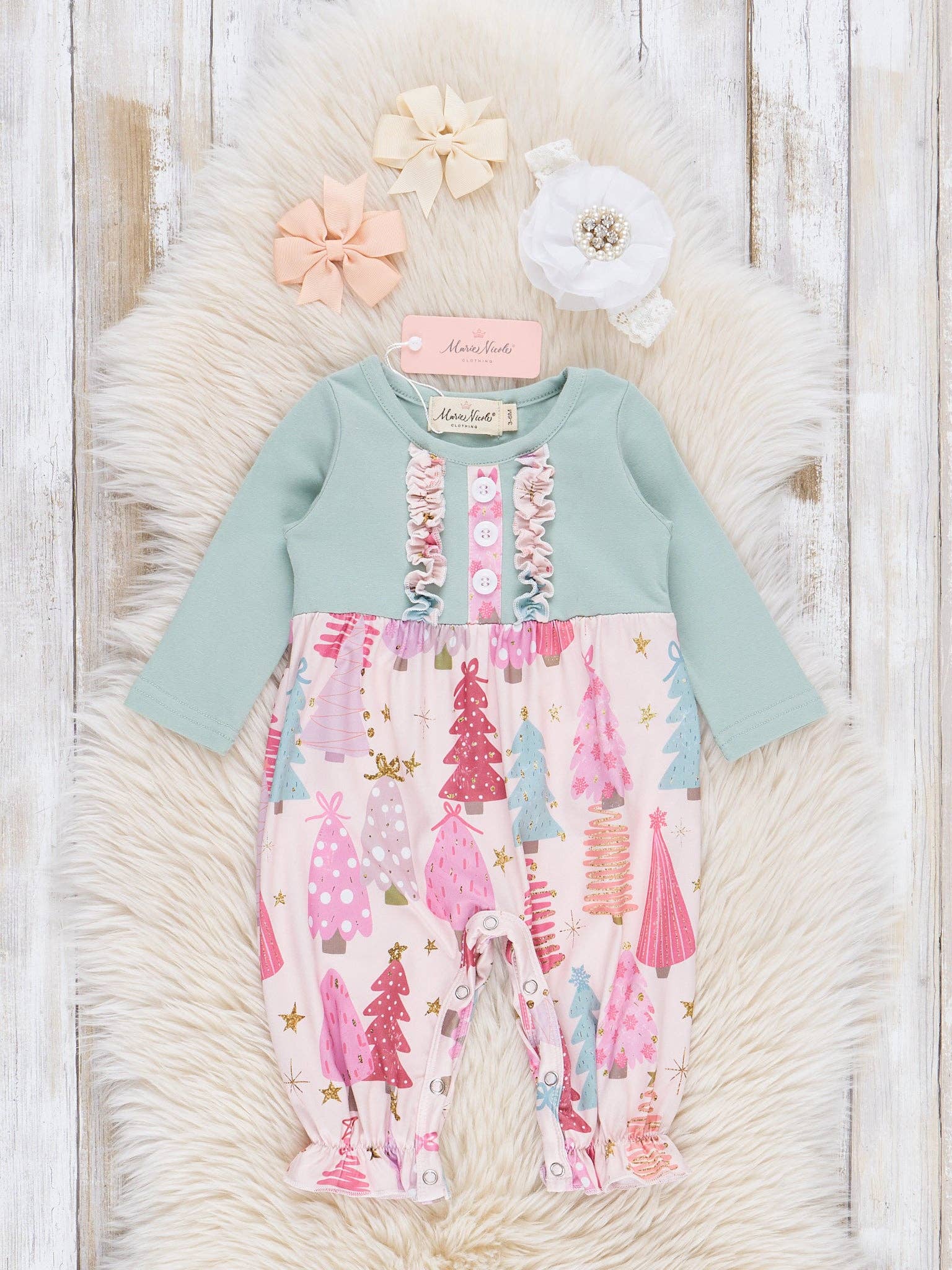 Marie Nicole Clothing - Wholesale Jumpsuit - Baby - Soft Mint & Pink Christmas Trees Ruffle Romper1