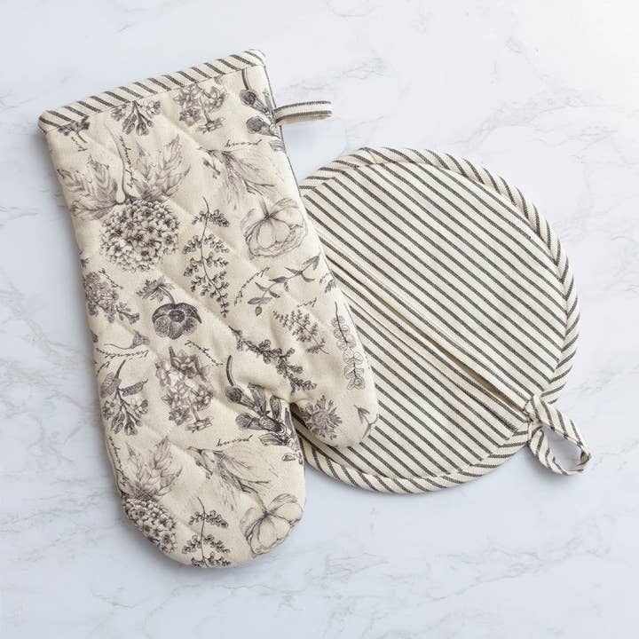 Audrey's Home & Gift - Wholesale Oven Mitt/Pot Holder - Oven Mitt And Pot Holder - Black And White Botanicals2
