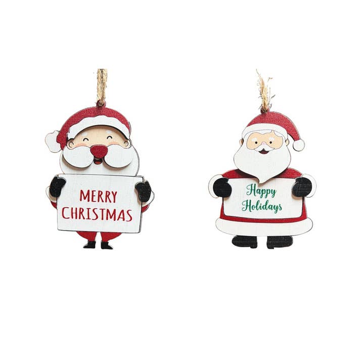 Wooden Santa Ornaments for wholesale by Pawnee Bill’s