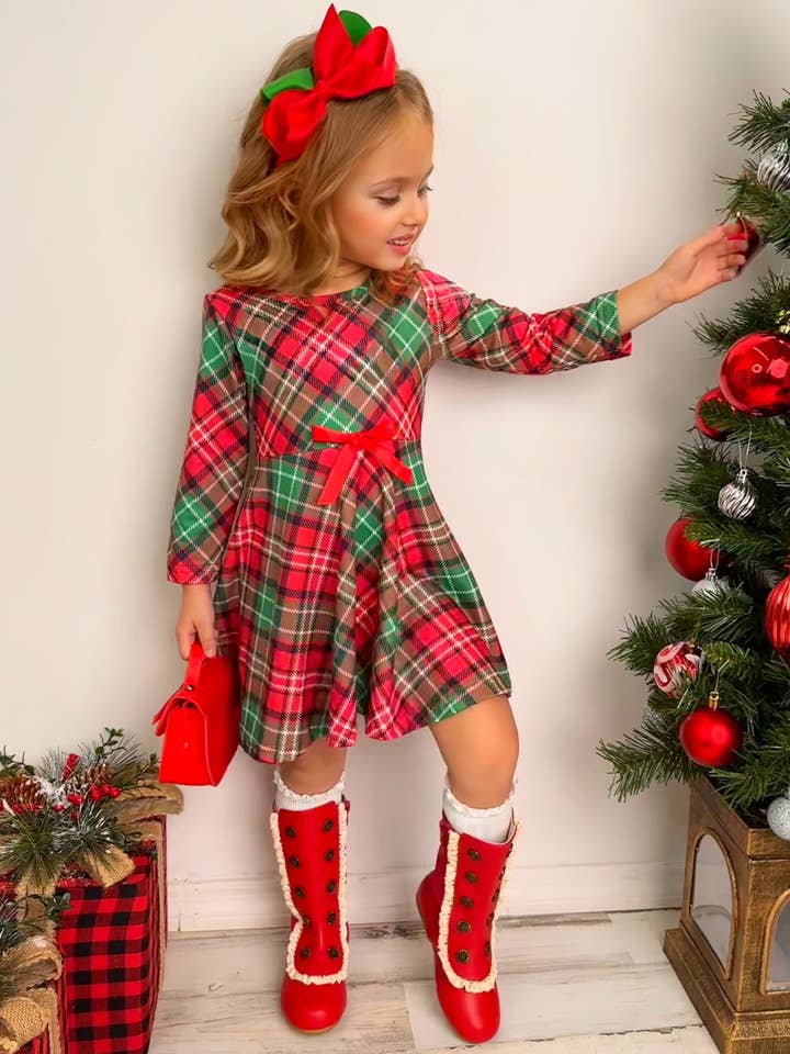 Red Mistletoe Princess Plaid Holiday Dress for wholesale on Faire2