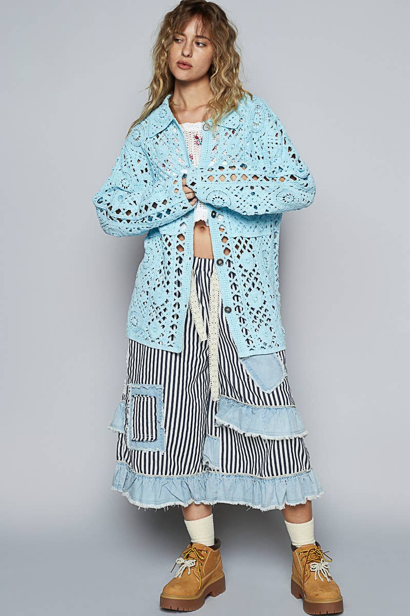 Pol Clothing - Vente Chemise à col boutonné – femme - Chemise boutonnée surdimensionnée en crochet uni20