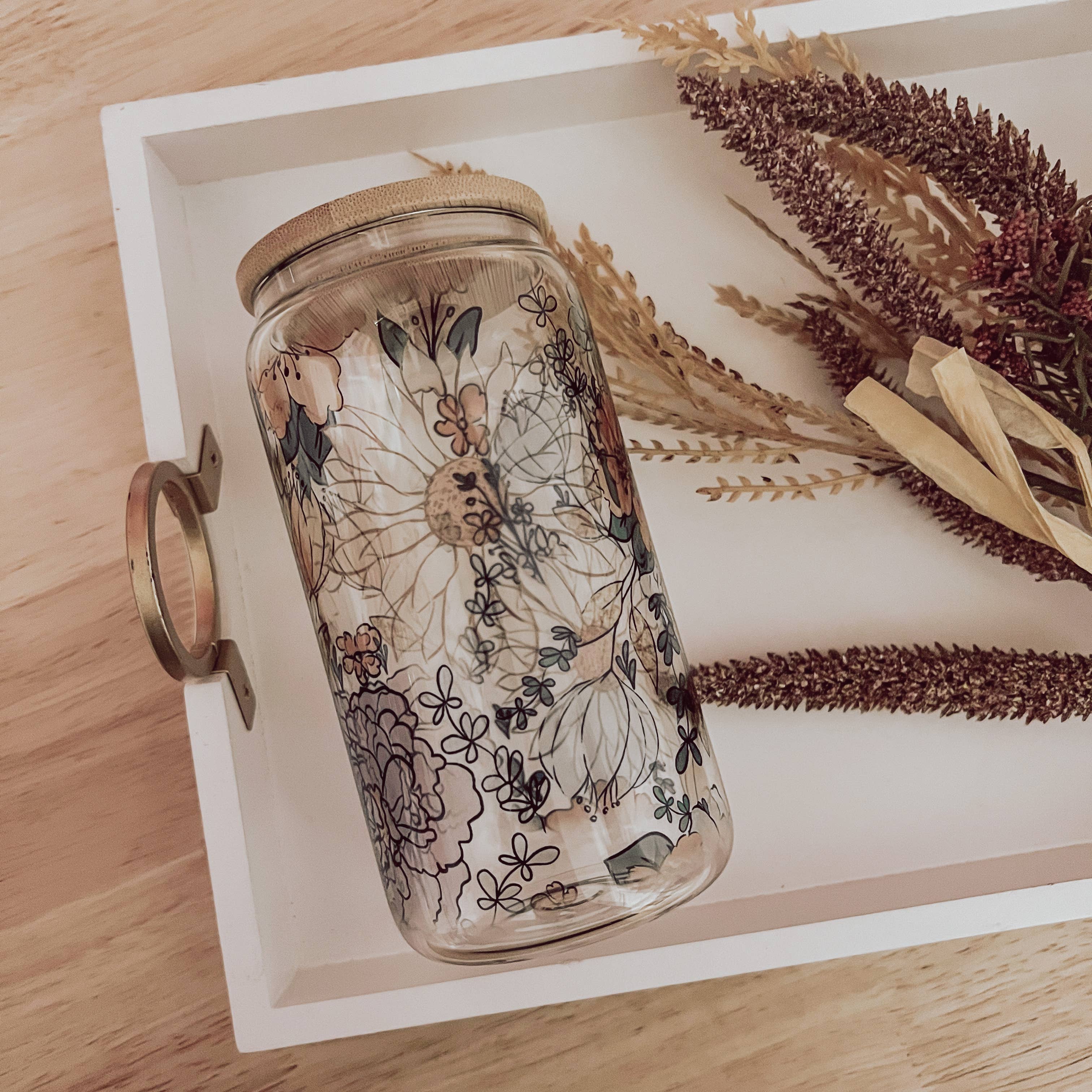 Emma K Designs - Wholesale Drinking Glass/Cup - Fall Floral 16 oz Glass Cup with Bamboo Lid3