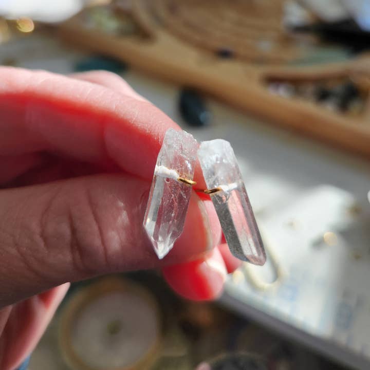Natural Clear Quartz Crystal & Brass Handmade Post Earrings for wholesale by Sara Sela Jewelry