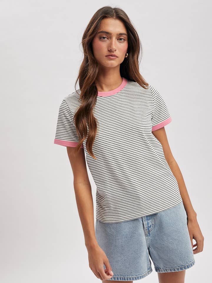 T-SHIRT DE MALHA LISTADA COM CONTRASTE / WL25-11639 por atacado de Wishlist Apparel