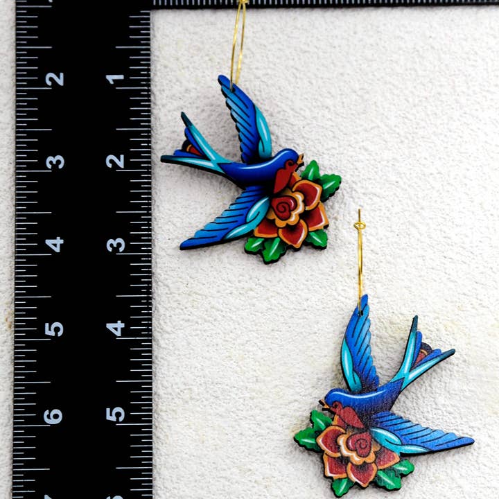 HappyJewelrySupplies - Wholesale Dangle Earrings - Enchanting Blossoms Blue Swallow Wooden Earrings1