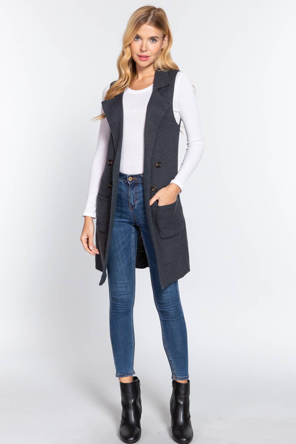 Active Basic | Active USA - Wholesale Outerwear Vest - Women's - Sleeveless Notched Collar Long Sweater Vest12