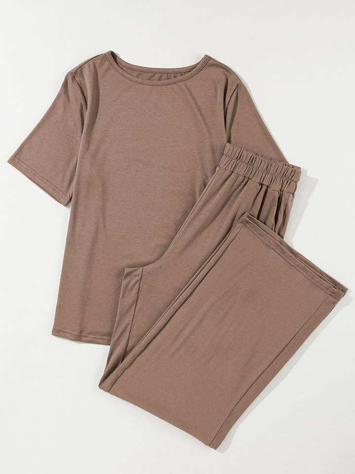Smoke Gray Solid Color T Shirt 2pcs Wide Leg Pants Set for wholesale on Faire