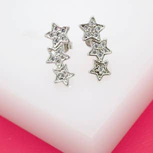 18K Rhodium Filled Three Stars Stud Earrings for wholesale by MIA Jewelry