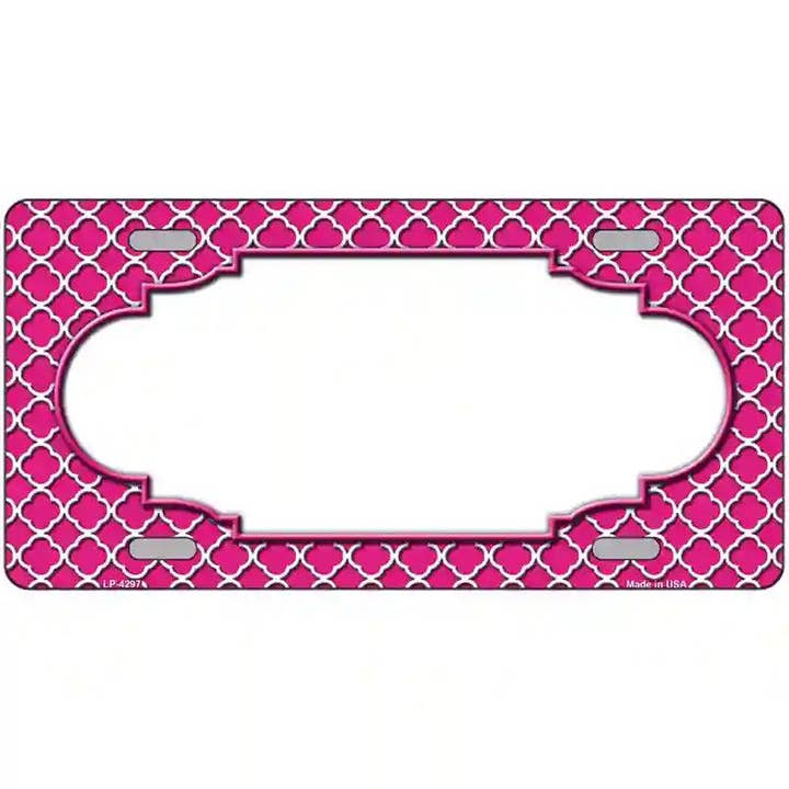 Pink White Quatrefoil Center Scallop License Plate for wholesale by Smart Blonde