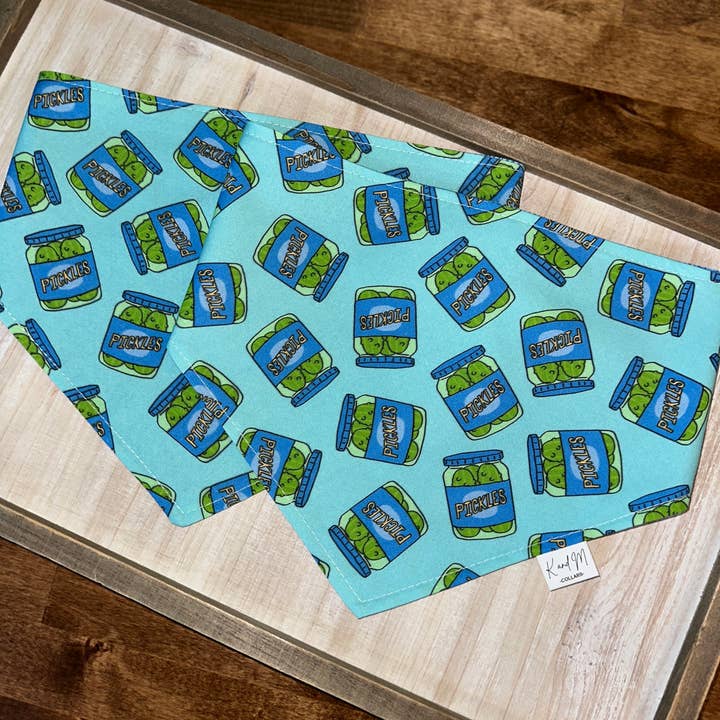 K and M Collars, LLC - Wholesale Pet Bandana - Dog - Pickle Jars on Blue Reversible Dog Bandana, Food