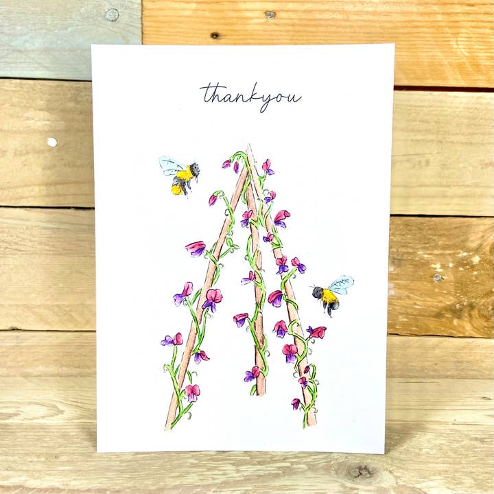 Sweetepeas and Bumble Bees Seeded Thankyou Card for wholesale by Arty Bee Designs