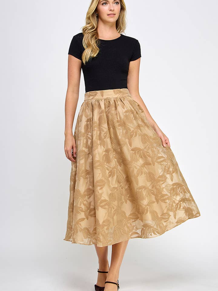 Ellison - Wholesale Skirt - Women's - TS-10099-6 VELVET TEXTURE ORGANZA MIDI SKIRT TAUPE