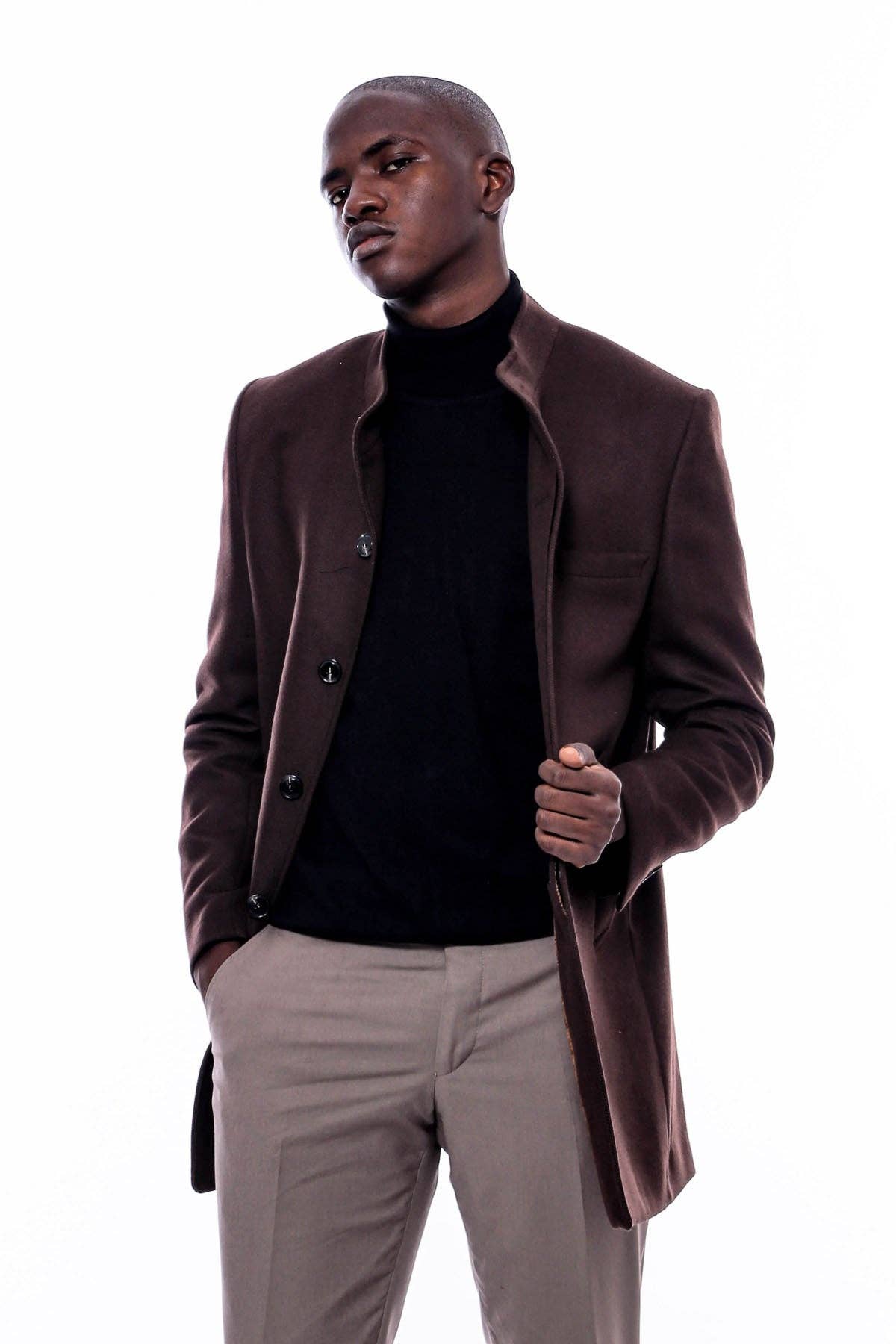 Mandarin Collar Brown Cachet Coat - Wessi for wholesale on Faire8