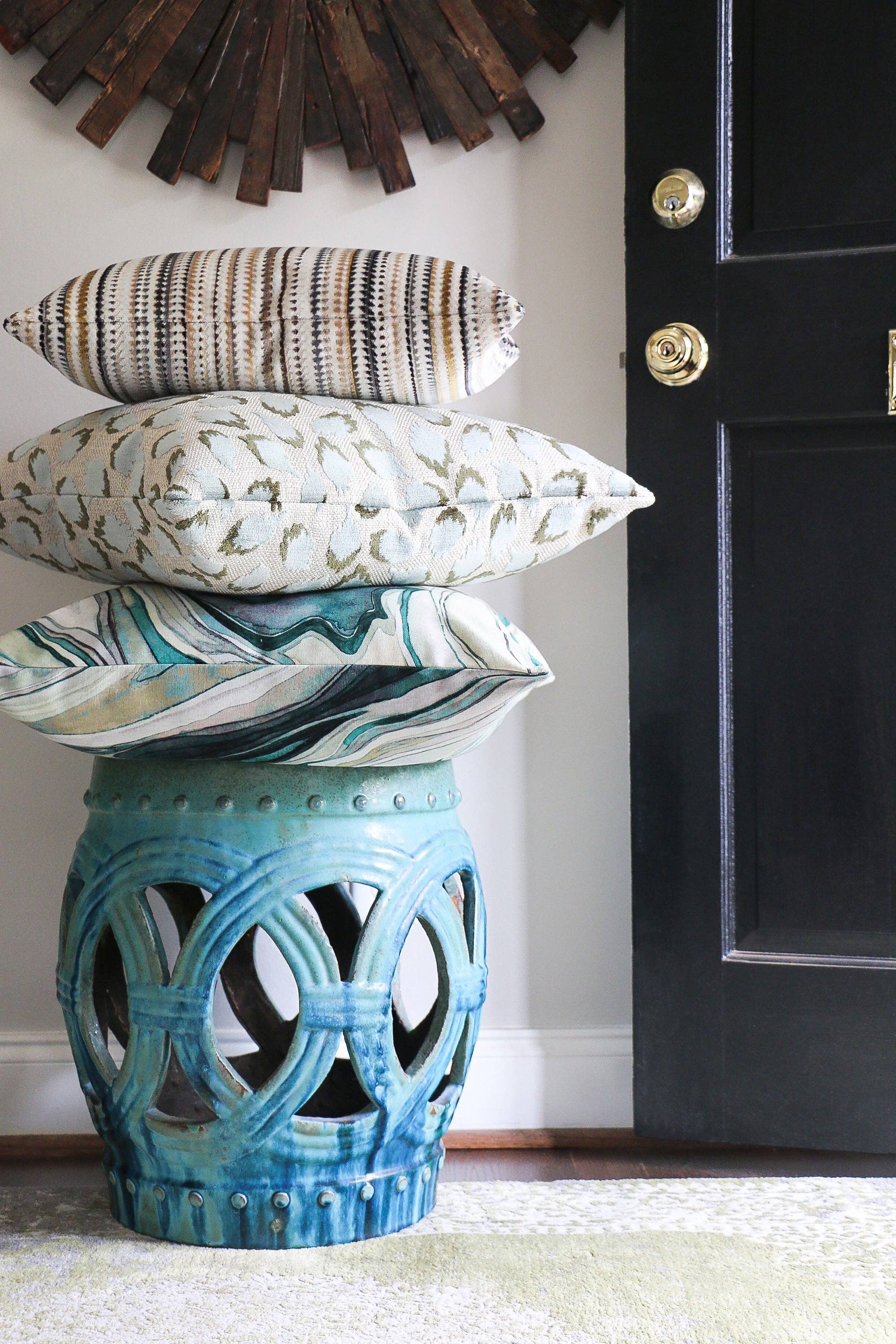 Lottie Mineral -Aqua & Green Spotted Cut Velvet Throw Pillow for wholesale on Faire9