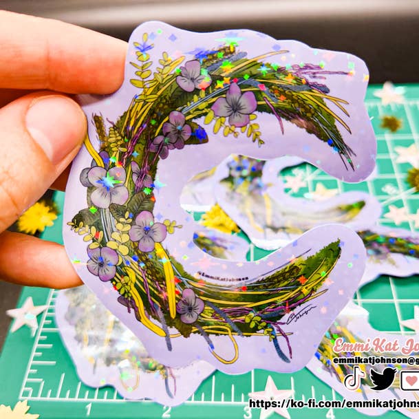 Moon Wreath Holographic Stickers for wholesale by Emmi Kat Johnson