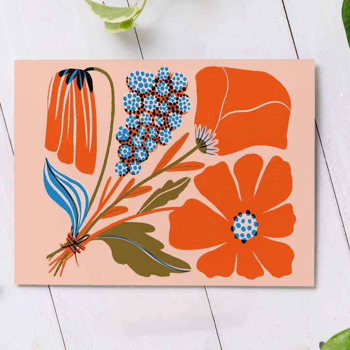 Set of 8 Poppy Bouquet Cards, Red, Peach and Blue for wholesale by Dear Wild