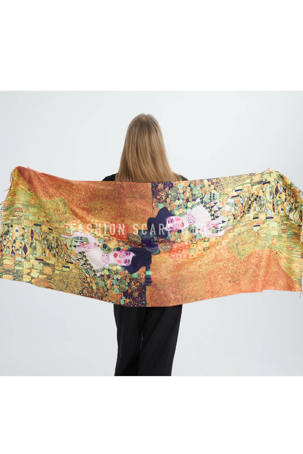 Fashion Scarf World - Wholesale Scarf - Women's - Klimt 'Portrait Of Adele' Print Wool Tassel Scarf2