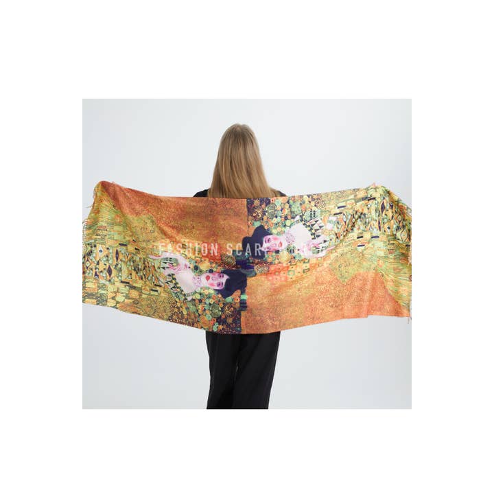 Fashion Scarf World – wholesale Scarf – Women's – Klimt 'Portrait Of Adele' Print Wool Tassel Scarf2