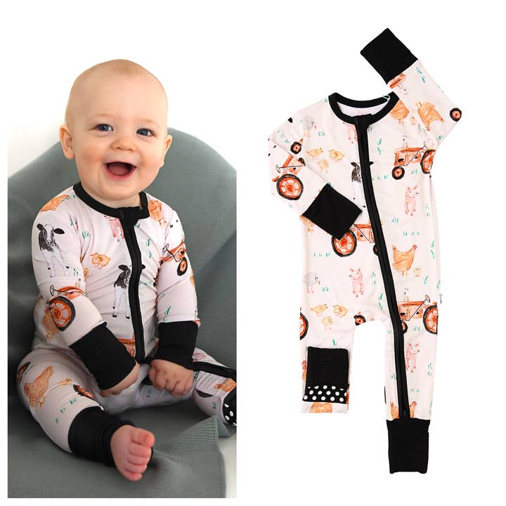 Millie Moo ZIP Bamboo Farm OnePiece 2-Way Zipper Baby Outfit for wholesale by Gigi and Max