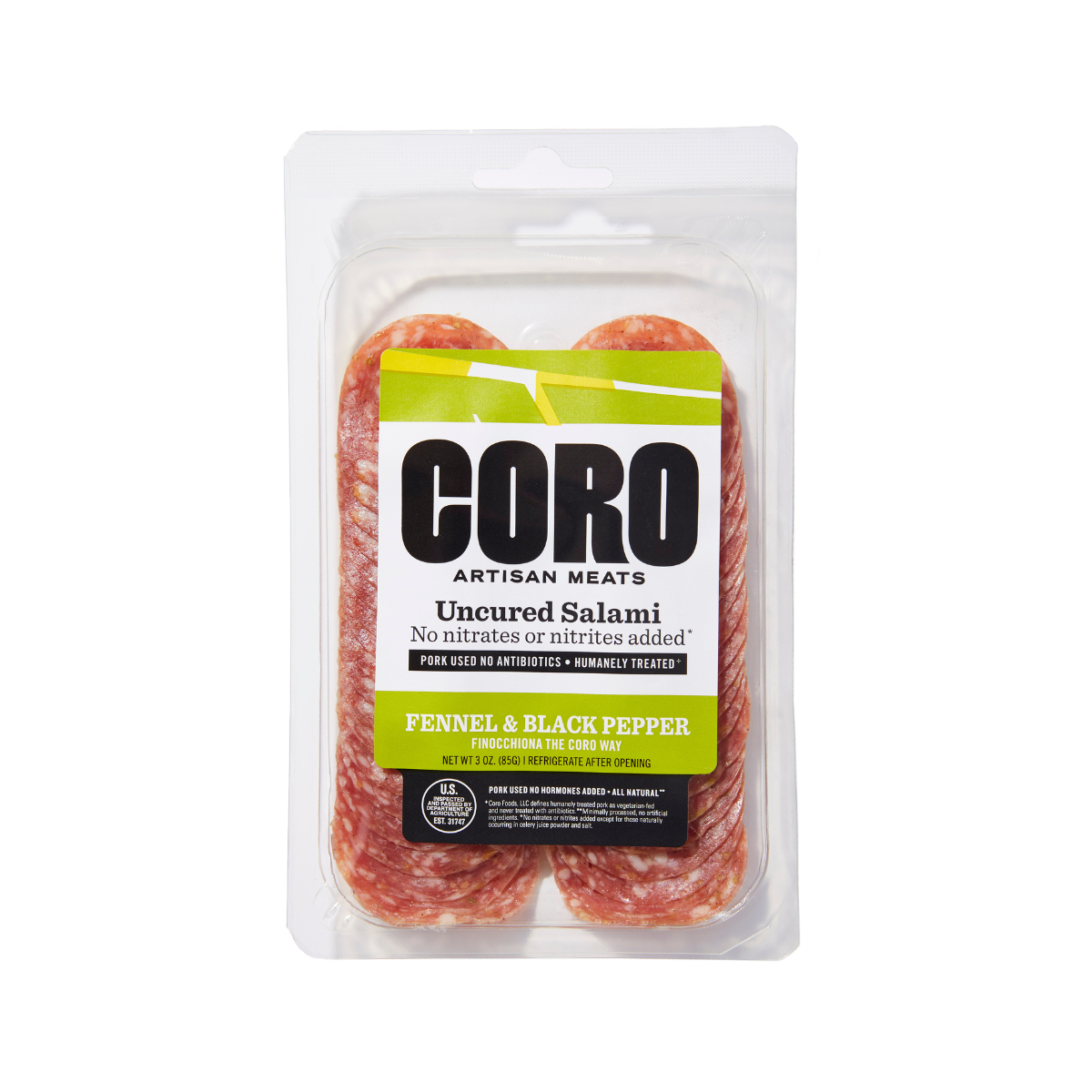 Coro Foods - Wholesale Salami - Sliced Pack Uncured Fennel & Black Pepper (Black Peppercorn)1