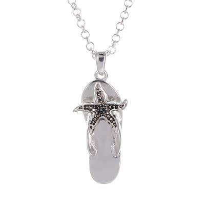 FR4607 Antique Silver Starfish Flip Flop Sandal Necklace for wholesale by 0011 PREMIERE