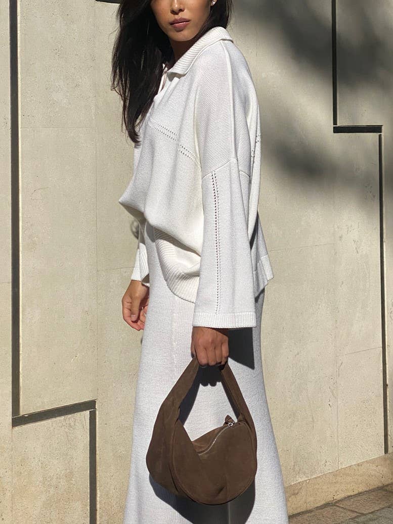 Rosa Clothing - Wholesale Top & Skirt Set - Women's - Polo Collar Loose Pullover Knit Sweater Skirt Set11