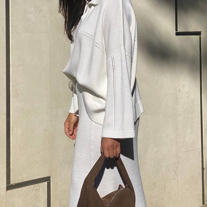 Rosa Clothing - Wholesale Top & Skirt Set - Women's - Polo Collar Loose Pullover Knit Sweater Skirt Set11