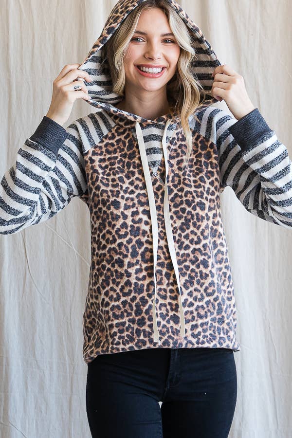 7th Ray – Großhandel Hoodie – Damen – Leopardenstreifen Ärmel Kordelzug Kapuzenpullover T443617