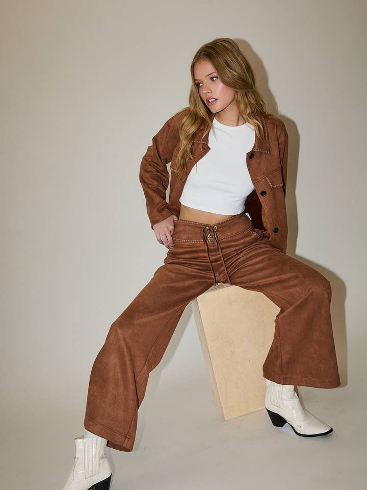 Brown SUEDE PANTS WITH BRAIDED DETAIL for wholesale on Faire0