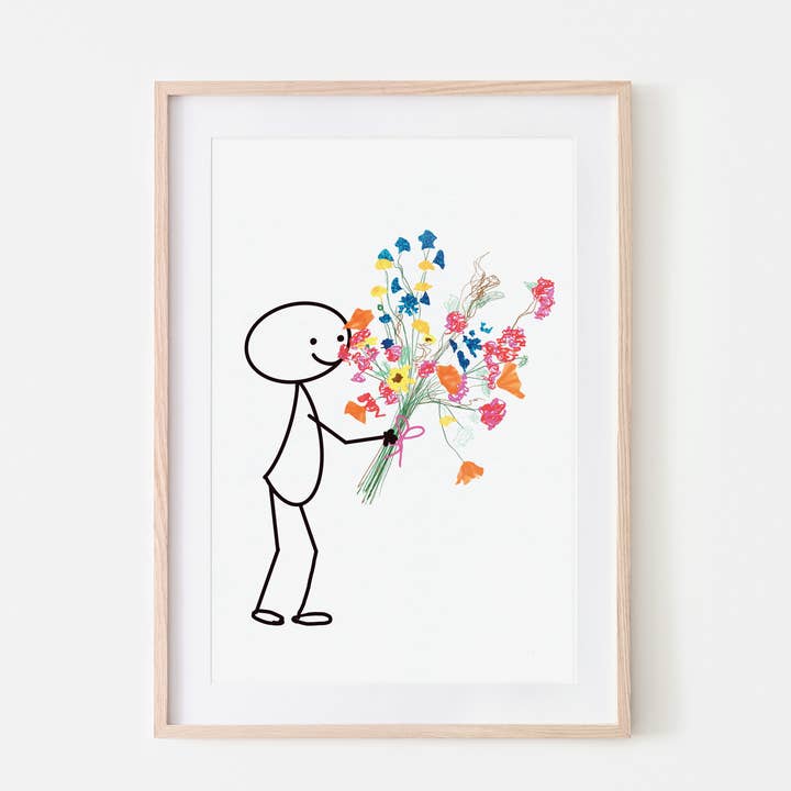 Robin-Kunstdruck mit Blumenstrauß – in A4 und A3 für den Großhandel von Studio Angelart