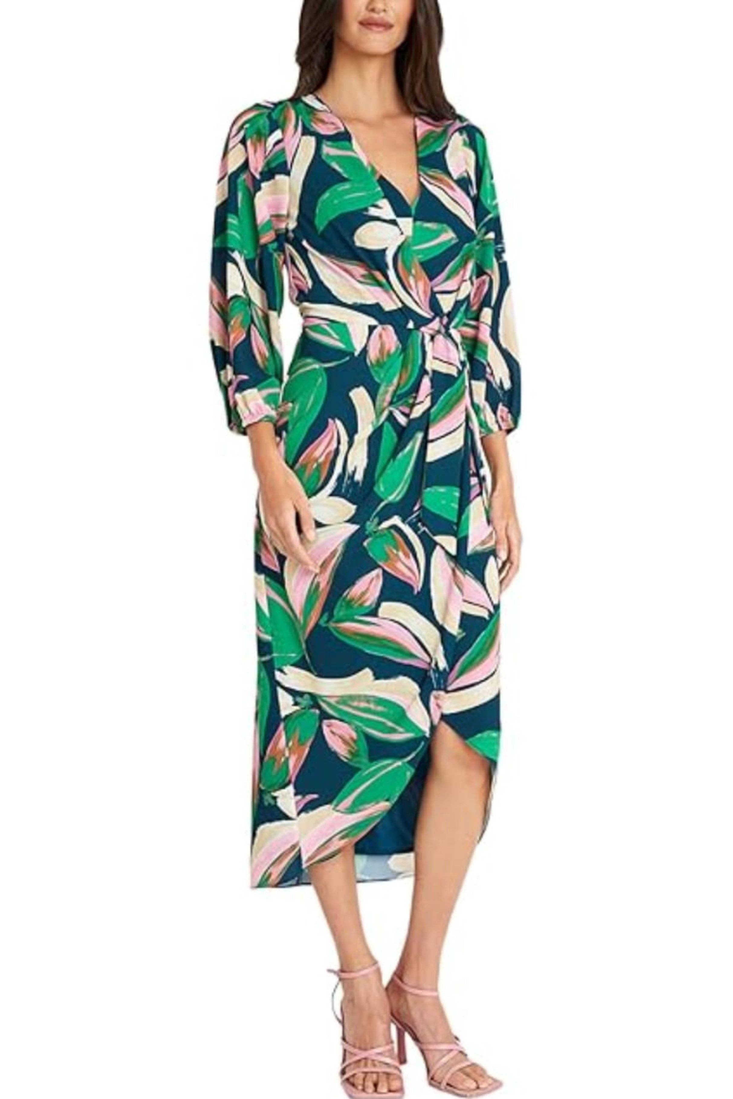 NAVY PINK EMERALD Maggy London Multi Color Faux Wrap Midi Dress for wholesale on Faire0