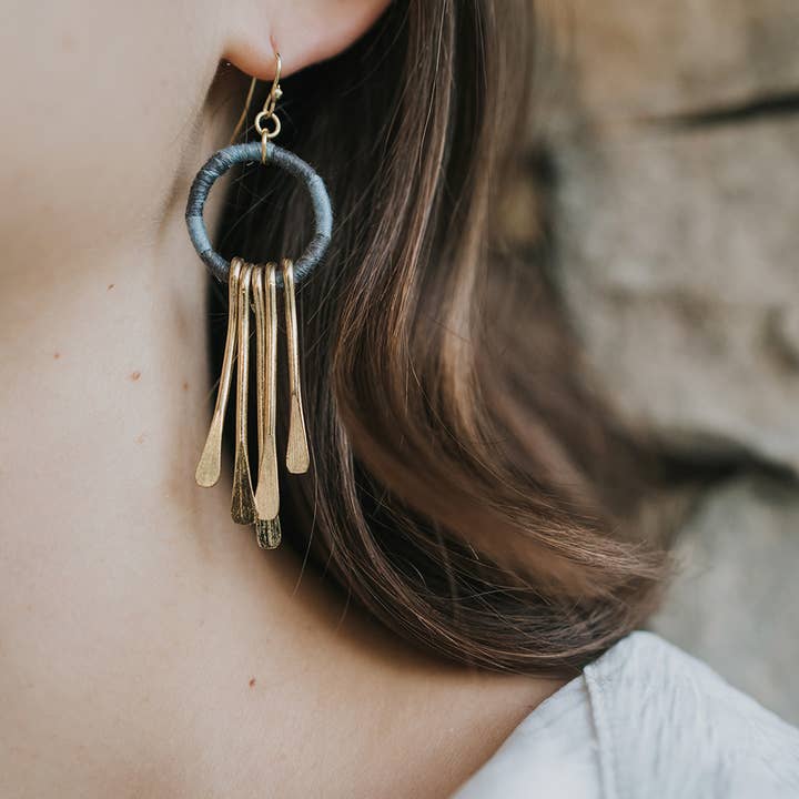 Matr Boomie Fair Trade - Wholesale Tassel Earrings - Kaia Brass Tassel Earrings - Blue Thread Wrapped1