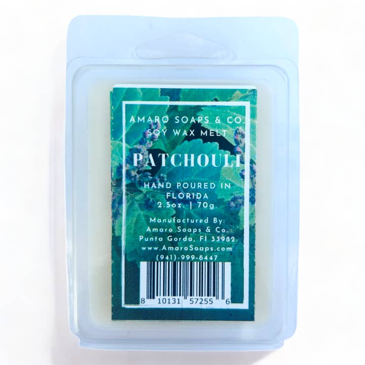 Fusione di cera di soia al patchouli per la vendita all'ingrosso da parte di Amaro Soaps & Co.