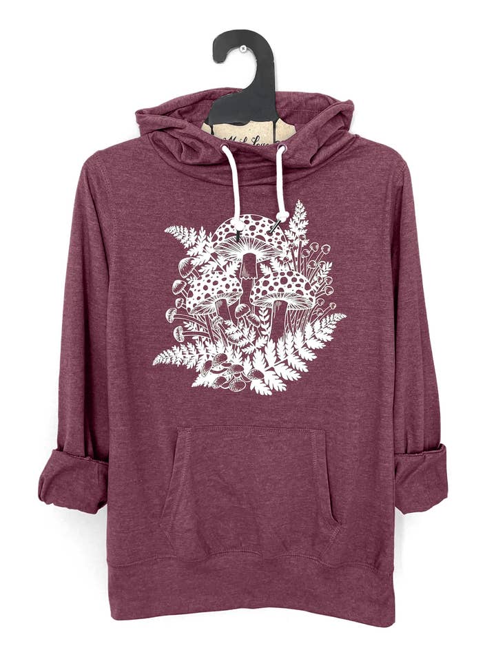 Mad Love Shop - Wholesale Hoodie - Women's - Ladies Maroon Funnel Neck Lightweight Hoodie w/Mushroom fern