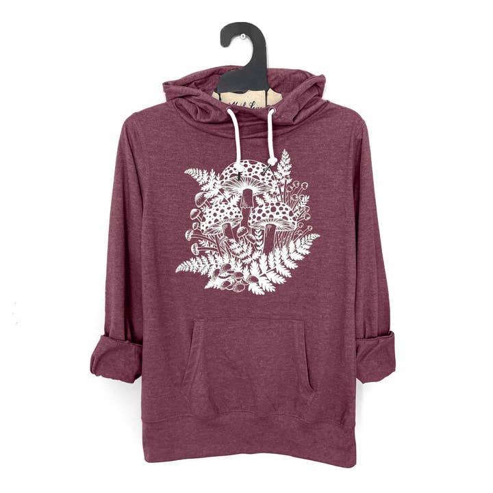 Mad Love Shop - Wholesale Hoodie - Women's - Ladies Maroon Funnel Neck Lightweight Hoodie w/Mushroom fern0