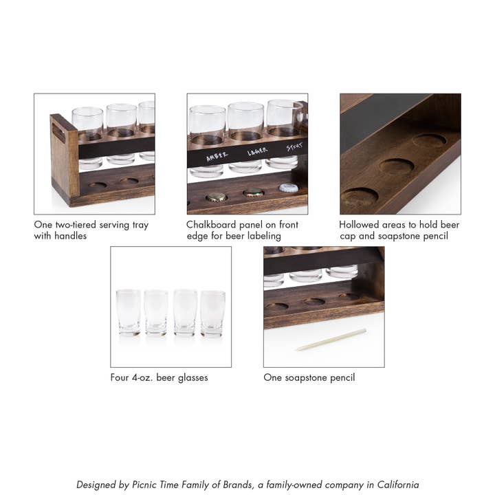 Acacia Wood Craft Beer Flight - Beverage Sampler Glass Gift Set for wholesale on Faire9