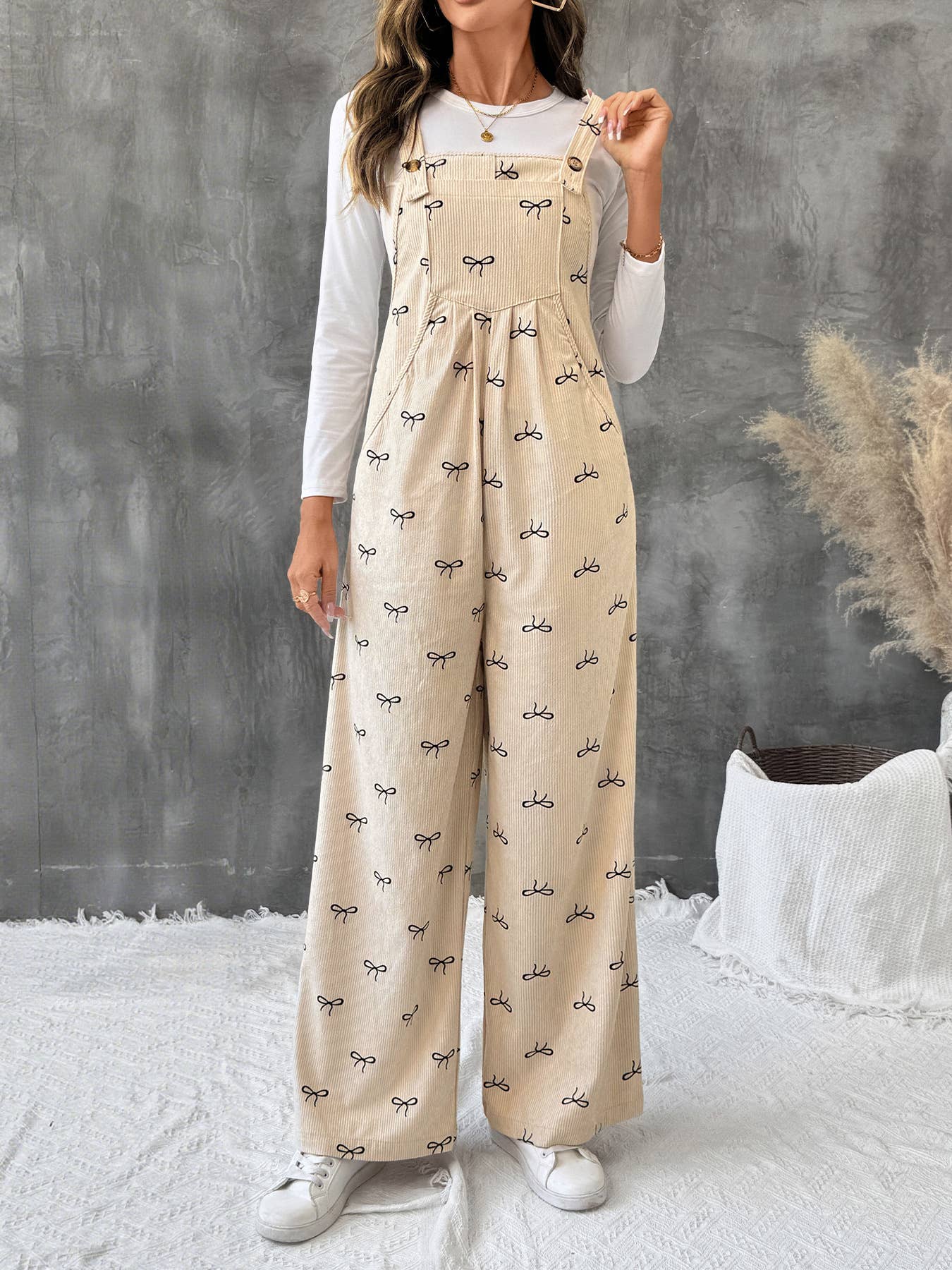 Beige Wide Leg Corduroy Overalls with Bow Print Design for wholesale on Faire4