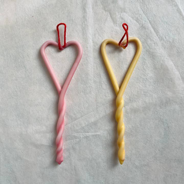 Blush & Yellow Twisted Heart Beeswax Candles (Set of 2) for wholesale by BabaBoogs Candles