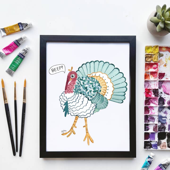 Beep Beep Hora del Pavo Impresión en Acuarela – Pájaro Festivo Divertido para venta al por mayor de Owlfeathers Watercolor