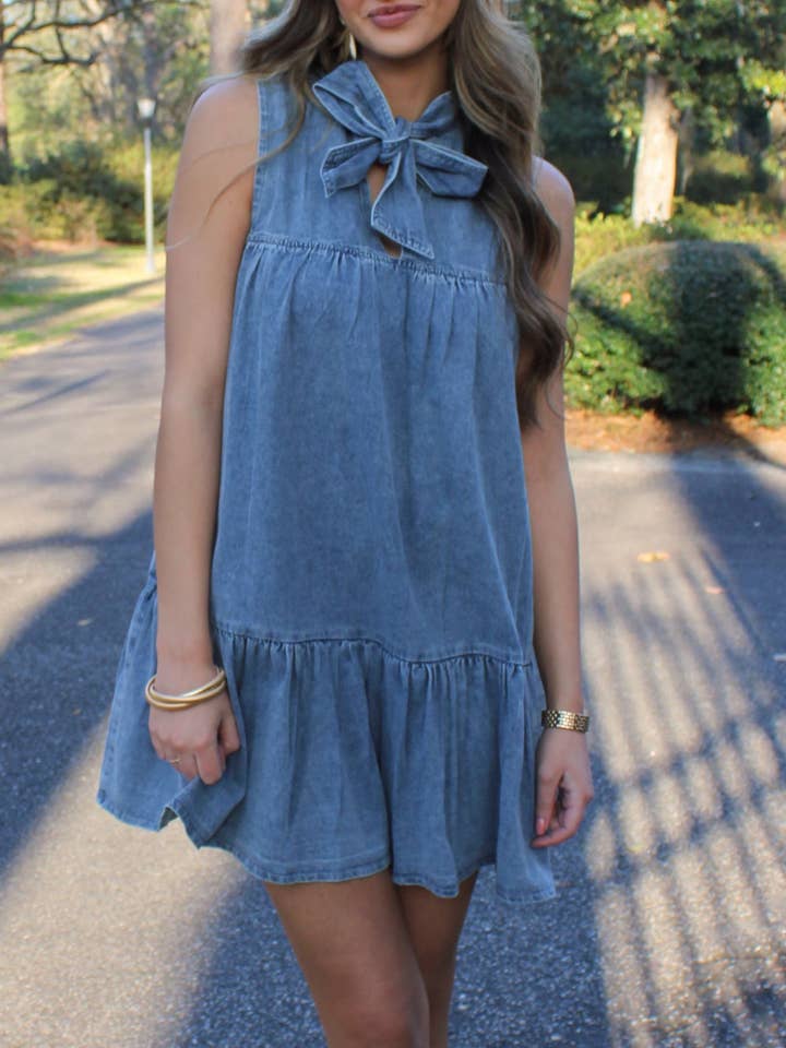 Sleeveless Lace-Up Bow Loose Denim Dress for wholesale by Rosa Clothing