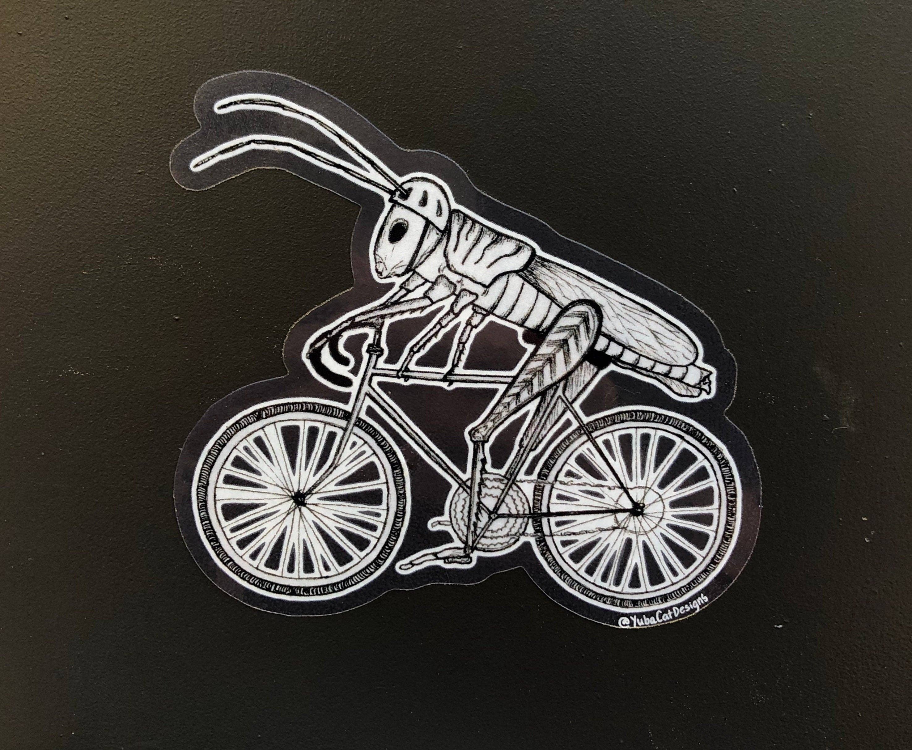 YubaCat Designs - Wholesale Sticker - Biking Grasshopper sticker1