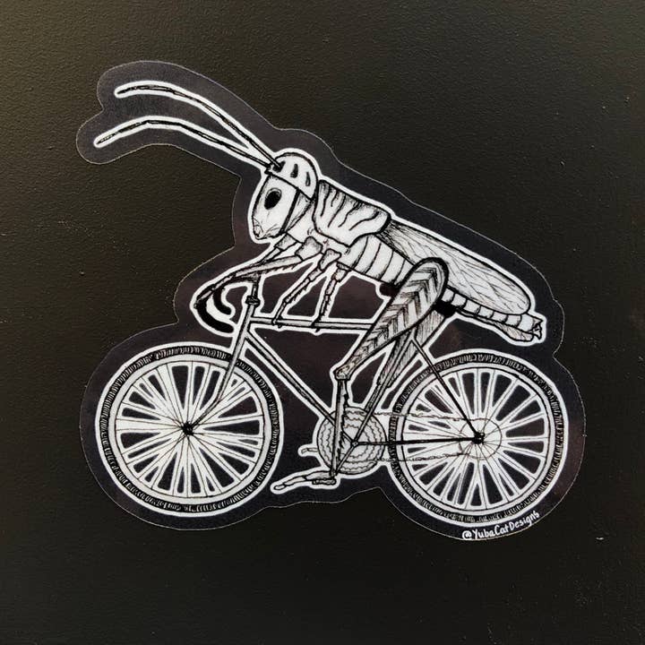 YubaCat Designs - Wholesale Sticker - Biking Grasshopper sticker1